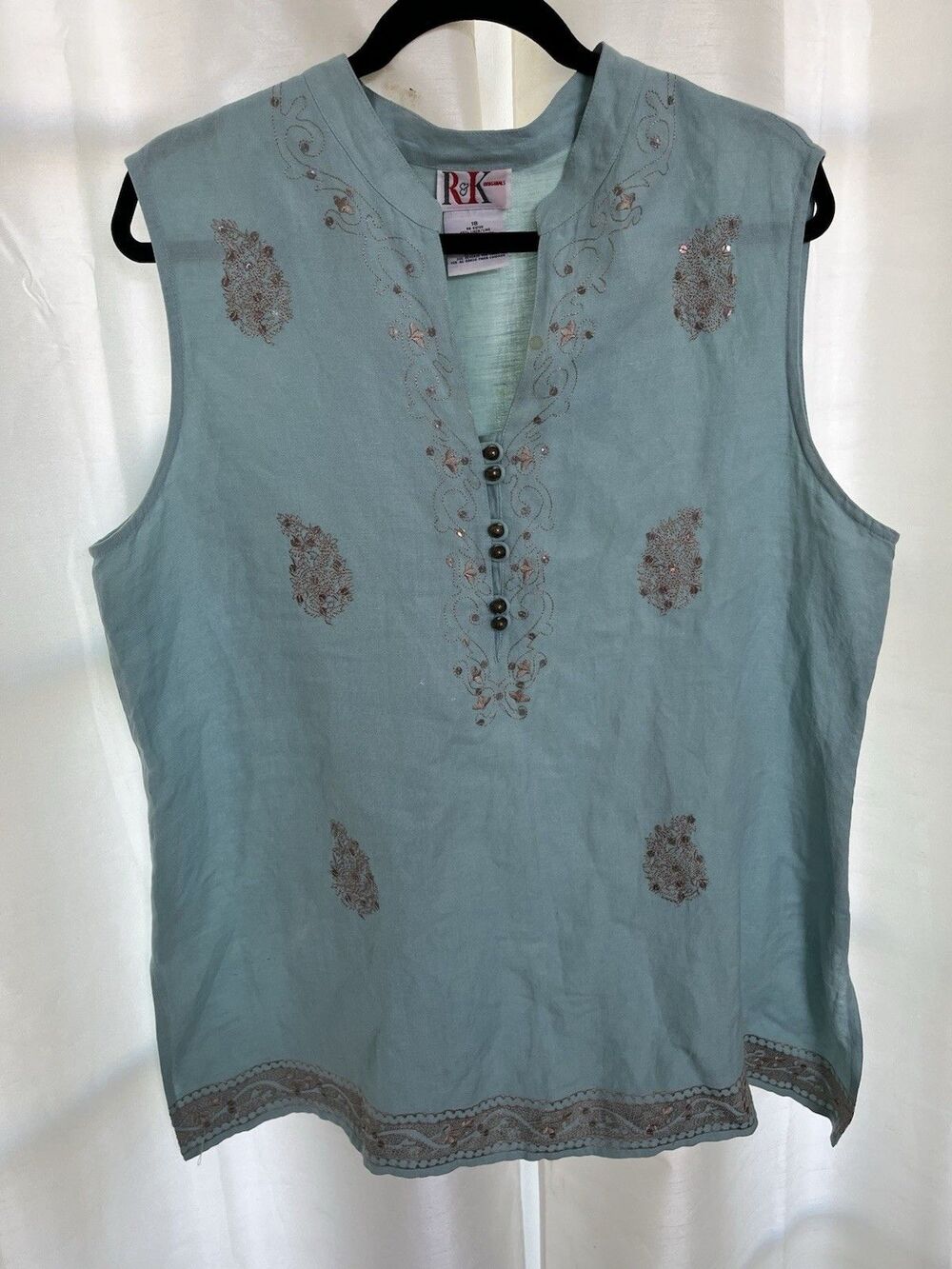 R&K Originals Women’s Blouse Teal Size 18 Sleeveless Embroidery Everyday Casual